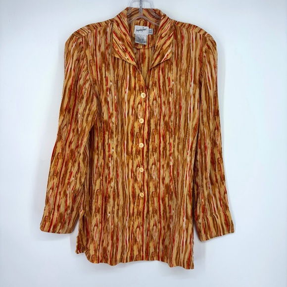 Jacqueline Ferrar Womens 6P Petite Button Up Tunic Top 100% Silk Tan Orange Red - Picture 1 of 9